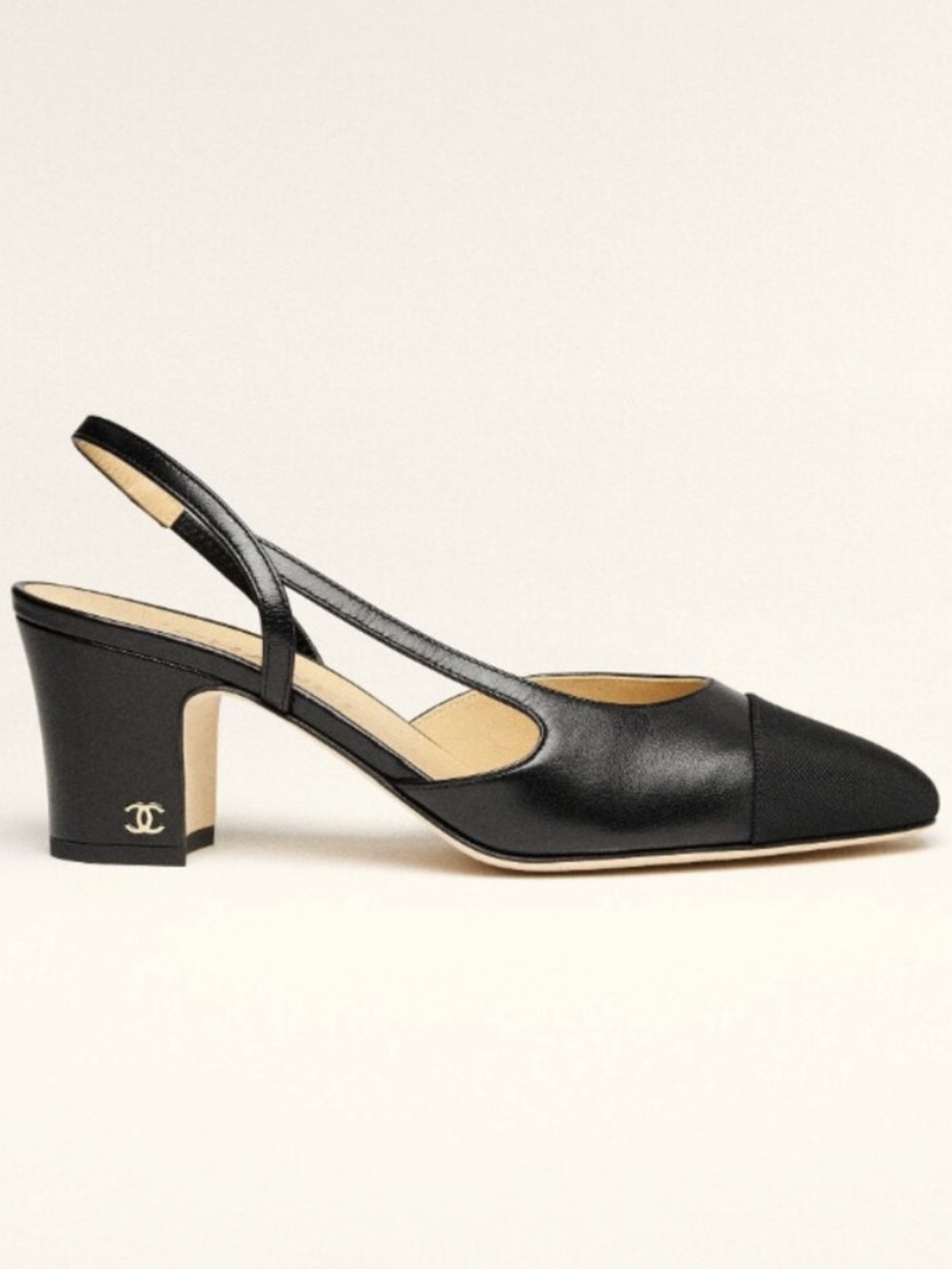 CHANEL Black Leather Slingback Pump with Gold Logo